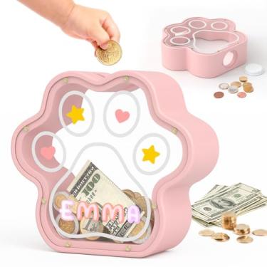 Imagem de KMC Cofrinho infantil com estampa de pata, cofrinho de madeira natural com adesivos para meninas, meninos e adultos, presente personalizado para aniversário e festival, pequeno, rosa, 12 cm