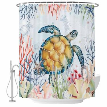 Imagem de Cortina de chuveiro tartaruga marinha, oceano, vida marinha, estrela-do-mar, água-viva, coral, algas marinhas, conjunto de cortinas de banho de tecido impermeável para banheiro decoração de banheira