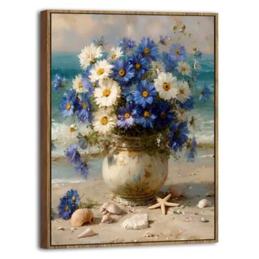 Imagem de Arte de parede emoldurada de flores de praia oceano azul costeiro margarida branca decoração de parede moderna paisagem marítima estrela do mar concha impressões abstratas à beira-mar arte para