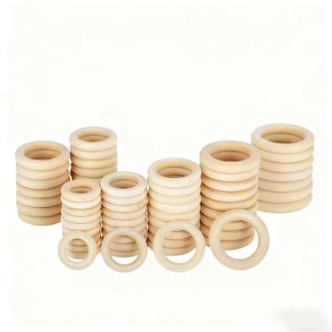 Imagem de 20 peças de anéis de madeira natural para artesanato, espaços em branco circular de madeira lisa para fabricação de joias de macramê, conectores de pingente DIY e projetos criativos de artesanato em
