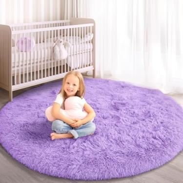 Imagem de KIXINWA Tapete redondo para quarto, 15 x 15 cm, tapete circular macio para quarto de crianças, meninas, lavável, felpudo, piso interno, cabeceira, sala de estar, decoração de casa, estética, roxo