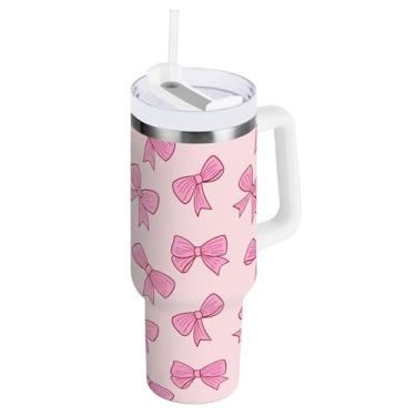 Imagem de SEHANY Copo fofo com laço rosa de 1,134 g com alça, copo isolado de aço inoxidável a vácuo de parede dupla, à prova de vazamento, caneca de café isolada para viagem cabe no suporte de copo de carro