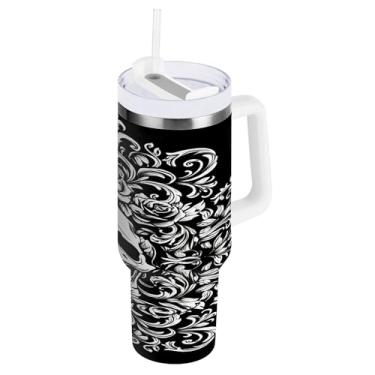 Imagem de SEHANY Copo Skull Gothic de 1,134 g com alça, copo isolado de aço inoxidável de parede dupla, à prova de vazamento, caneca de café isolada para viagem, cabe no suporte de copo de carro