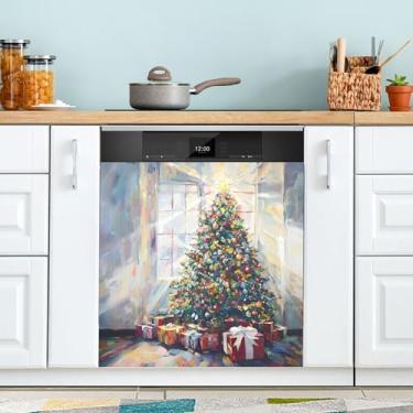 Imagem de SEHANY Capa magnética vintage para lava-louças para árvore de Natal, adesivos magnéticos decorativos antiarranhões para painel de geladeira e lava-louças, decoração de Natal de cozinha doméstica 58 x