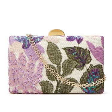 Imagem de Bolsa clutch de lantejoulas para mulheres, bordado floral de lantejoulas para noite com contas, mini bolsa transversal para festa de casamento, Roxa