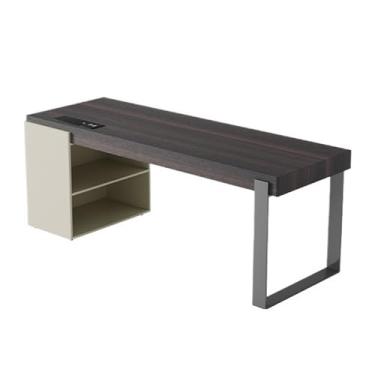 Imagem de Mesa de computador para escritório em casa, moderna, mesa de escritório em casa, acabamento em cor esfumaçada, mesa de escrita espaçosa para laptop, PC, com tomadas, gavetas e armários de