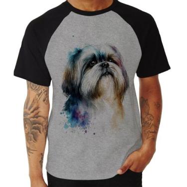 Imagem de Camiseta Raglan Cachorro Shih Tzu Watercolor - Foca na Moda, Cinza, Pr