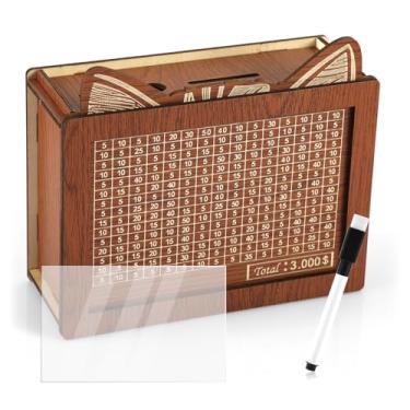 Imagem de Caixa de dinheiro de madeira, em forma de orelha de gato, caixa econômica de madeira com balcão cofrinho de madeira caixa de desafio caixa econômica cofre de dinheiro para crianças e adultos (3000 USD