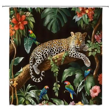 Imagem de FILMILIL Cortina de chuveiro tropical de leopardo, floresta, floresta tropical, papagaio, guepardo, homens, animais selvagens, zoológico, exótico, gato grande, folhas florais, conjunto de cortinas de