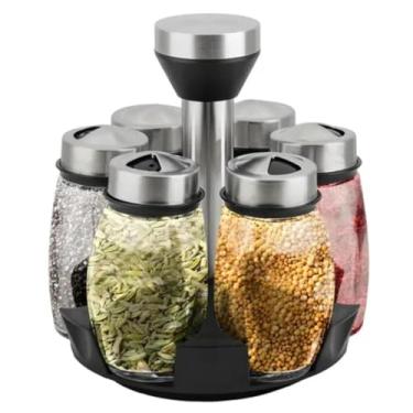 Imagem de Porta tempero giratório inox com 7 potes de vidro para especiarias, organização prática de cozinha, suporte rotativo compacto