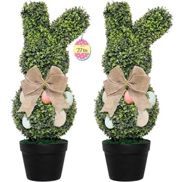 Imagem de Conjunto de 2 topiárias de buxo sintético resistente a UV com panela, decorações em forma de coelhinho da Páscoa, para casa, varanda, exterior, jardim, decoração externa/interna (Páscoa, 68,5 cm)