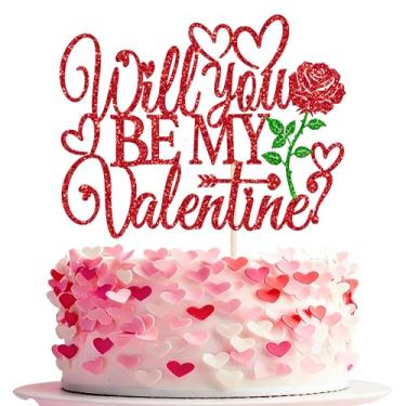 Imagem de Rsstarxi 1 pacote Will You Be My Valentine topo de bolo glitter rosa vermelha amor escolha bolo dia dos namorados decoração de bolo para casamento, chá de panela, aniversário, dia dos namorados