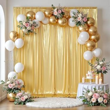 Imagem de PartyVillage Cortina de fundo de lantejoulas douradas de 50 x 3 m com cordão de luzes – 4 painéis de 1,5 x 3 m, brilhantes e sem rugas, para aniversário, casamento, fotografia, decoração de festa de