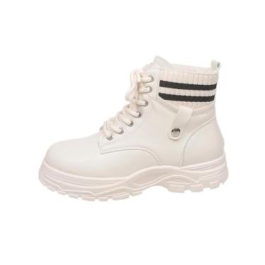 Imagem de Botas curtas femininas casuais quentes de inverno com cadarço frontal bico redondo de sola grossa para estilo de tornozelo, Bege, 39