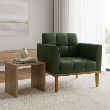 Imagem de Poltrona Sala Decorativa Elisa Base Madeira Fixa Castanho Sintético PU Verde D03 - D'Rossi