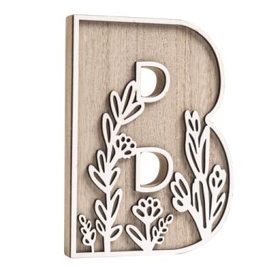 Imagem de caiydramy Letras de madeira florais pintáveis em camadas 3D para decoração de parede, letras do alfabeto de 12,4 cm para artesanato, letra B, decoração de mesa, placa de nome de berçário boho