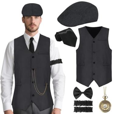 Imagem de Drofe Fantasia masculina década de 1920, acessórios masculinos da década de 1920 com colete, chapéu, bolso, relógio, braçadeira, Preto, XXG