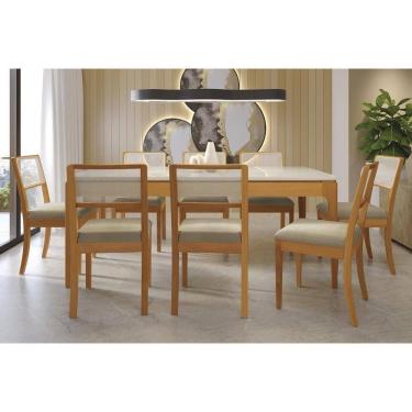 Imagem de Sala Jantar Mesa Mira Premium Madeira Maciça c/ Tampo Madeirado c/ Vidro 200x100cm e 8 Cadeiras Lola Carvalho/Off White - Boucle Bege Fendi-Kappesberg