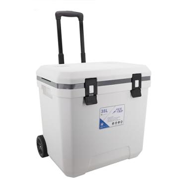 Imagem de Cooler Com Rodinhas 38 Litros Tucca Tuccanus Branco Caixa Térmica Grande Portátil Alça Retrátil Para Praia Camping Churrasco Resistente Travas De Borracha Design Moderno