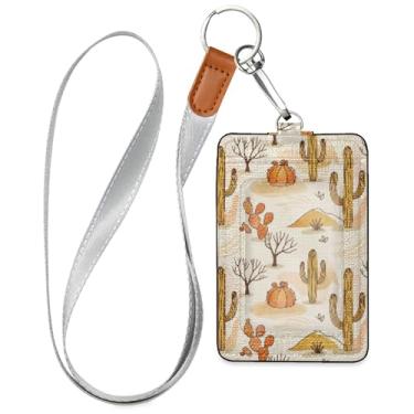 Imagem de Burbuja Porta-crachá de couro com cordão, etiqueta de identificação de planta do deserto com 1 janela transparente para identidade e 2 compartimentos para cartão para escritório, enfermeira, professor