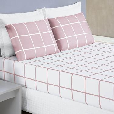 Imagem de Jogo de Lençol Minimalista Casal Queen 3 Peças Percal 200 Fios Quadriculado - Rosa