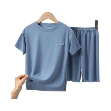 Imagem de Pijamas De Seda Para Crianças, Conjunto De Verão Com Manga Curta E Cal