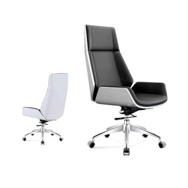 Imagem de Cadeira de escritório ergonômica de couro PU - Cadeira de mesa giratória moderna com apoios de braços e rodas, cadeira executiva de encosto alto, altura ajustável de 6 cm para conforto em casa e