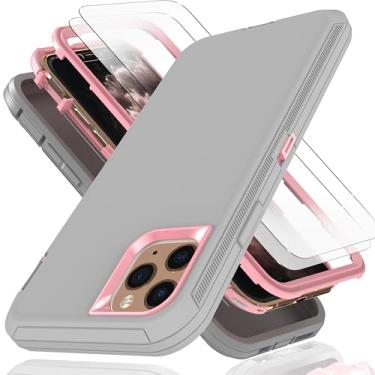 Imagem de KaiMai Capa para iPhone 11 Pro com filme à prova de explosão [2 unidades], 3 em 1 à prova de choque TPU rígido PC bumper capa à prova de quedas para iPhone 11 Pro, cinza lihgt com rosa