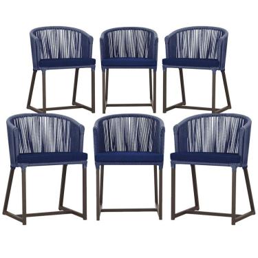 Imagem de 6 Cadeiras De Jantar Noronha Marrom Corda Náutica E10 Trama Azul