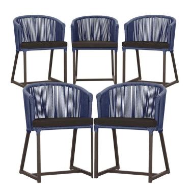 Imagem de 5 Cadeiras De Jantar Noronha Marrom Corda Náutica E9 Trama Azul