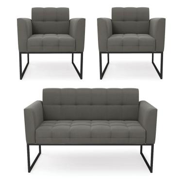 Imagem de Kit 1 Sofá Namoradeira E 2 Poltronas Suede Base Metálica Industrial Preto - D'rossi Cor Grafite