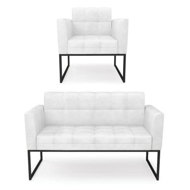Imagem de Kit 1 Sofá Namoradeira E 1 Poltrona Elisa Corano Base Metálica Industrial Preto - D'rossi Cor Branco