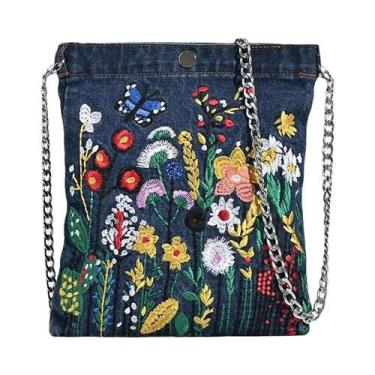 Imagem de Bolsa De Ombro Feminina Com Flores Bordadas, Bolsa Mensageira De Denim