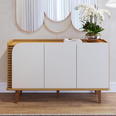 Imagem de Aparador Buffet Ripado 3 Portas com Pés de Madeira Jurerê Colibri - Naturale/Off White Matte