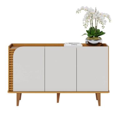 Imagem de Aparador Buffet Ripado 3 Portas com Pés de Madeira Jurerê Colibri - Naturale/Off White Matte