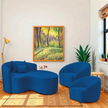 Imagem de Kit Recamier Curvo Sala De Estar Inglaterra 150cm Lado Direito E 2 Poltronas Orgânica Luxo Amore Linho Azul Royal