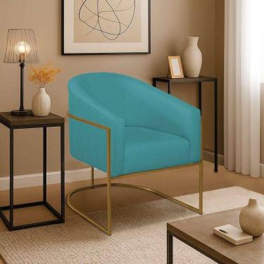 Imagem de Poltrona Deativa Jade Moderno Escritório Confortável Luxo Base De Ferro Dourado Suede Azul Turquesa