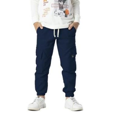 Imagem de Calça Infantil Menino Jogger Bolso Cargo Sarja Elástico Azul-Masculino