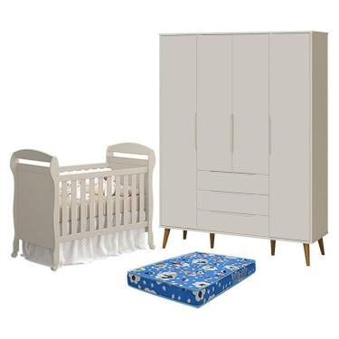 Imagem de Berço Americano Danny Com Colchão Ortobom E Guarda Roupa 4 Portas Elfe Retrô Areia Acetinado Amadeirado - Reller