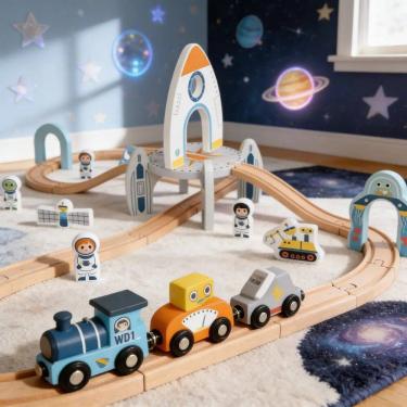 Imagem de Conjunto Ferrovia Infantil Estação Espacial em Madeira Ferrorama Educativo Tooky Toy
