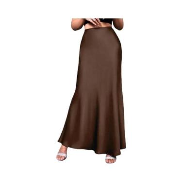Imagem de Saia Midi Elegante De Cetim Para Mulheres, Corte A, Cintura Alta, Esti