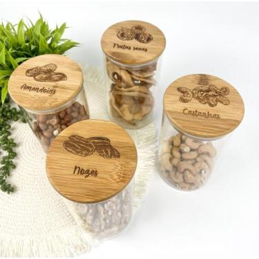 Imagem de Kit Potes Herméticos 770ml Com Tampa de Bambu 4 Pçs - Frutas Secas, Ca