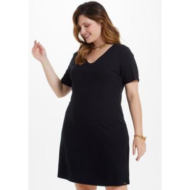 Imagem de Vestido Plus Size Curto Canelado Decote Em V LUNENDER 00478, Preto, M