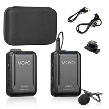 Imagem de Movo WMX-1 Sistema de microfone de lapela sem fio de 2,4 GHz compatível com câmeras DSLR, filmadoras, iPhone, smartphones Android e tablets (alcance de áudio de 60 m)