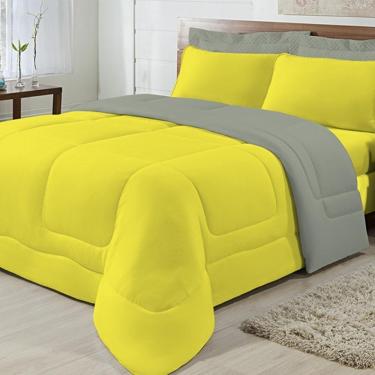 Imagem de Edredom Casal 100% Algodão Kit 03 Peças Amarelo com Cinza