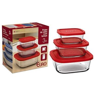 Imagem de Conjunto de Potes de Vidro Quadrados com Tampa Plástica 3 Peças Euro Vermelho