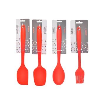 Imagem de Kit Utensílios de Cozinha Em Silicone 4 Peças Grandes Espátulas, Colher e Pincel Cor:Vermelho