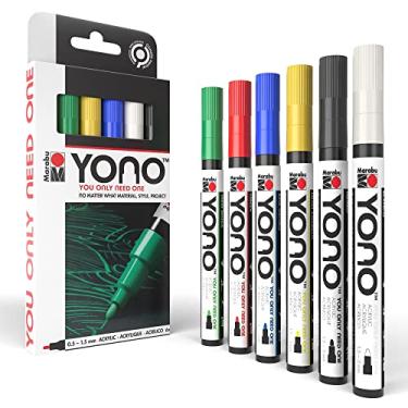 Imagem de Marabu Marcadores de tinta acrílica YONO – 6 marcadores de tinta de ponta fina para metal, pedra, madeira, tela, vidro, cerâmica, grafite – canetas de tinta para pedras, canecas, fabricação de copos e sapatos