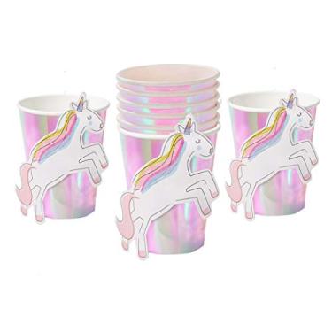 Imagem de Coterie Copos de unicórnio – Copos de festa para festa de unicórnio, festa de aniversário, chá de bebê – Suprimentos de festa de unicórnio | Copos iridescentes de 255 ml com unicórnios adesivos com glitter | Papel | 10 unidades