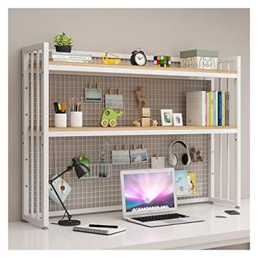 Imagem de Estante de 2 camadas de estrutura de aço branco prateleira de mesa rack de armazenamento de escritório estante de mesa com evitar queda de grade de metal prateleira organizadora de estante (cor: natural, tamanho: 115cmx24cmx89cm)